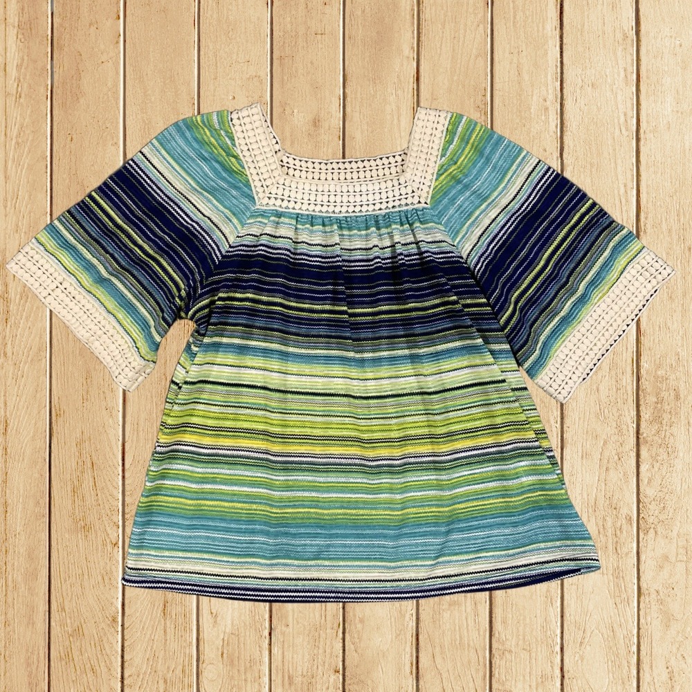 Hannah Size Small Beach Shirt Blue Green Zig-Zag‎ Striped Resortwear Coastal